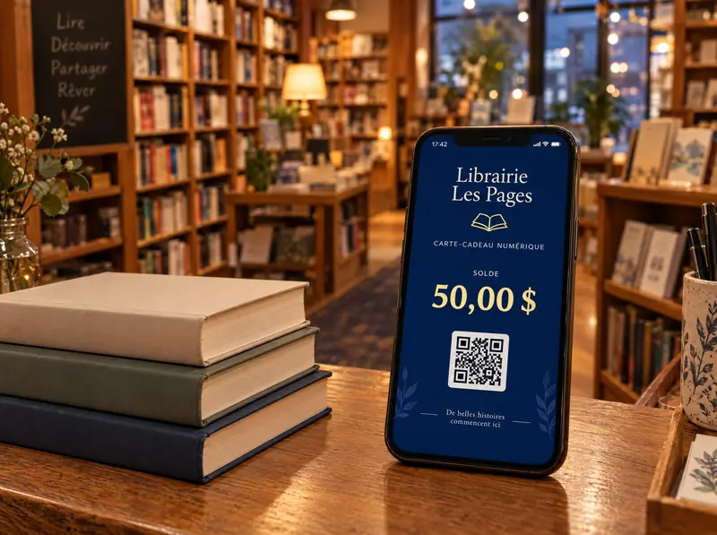 Téléphone sur le comptoir d’une librairie avec la carte-cadeau « Librairie Les Pages » et un solde de 50,00 $.